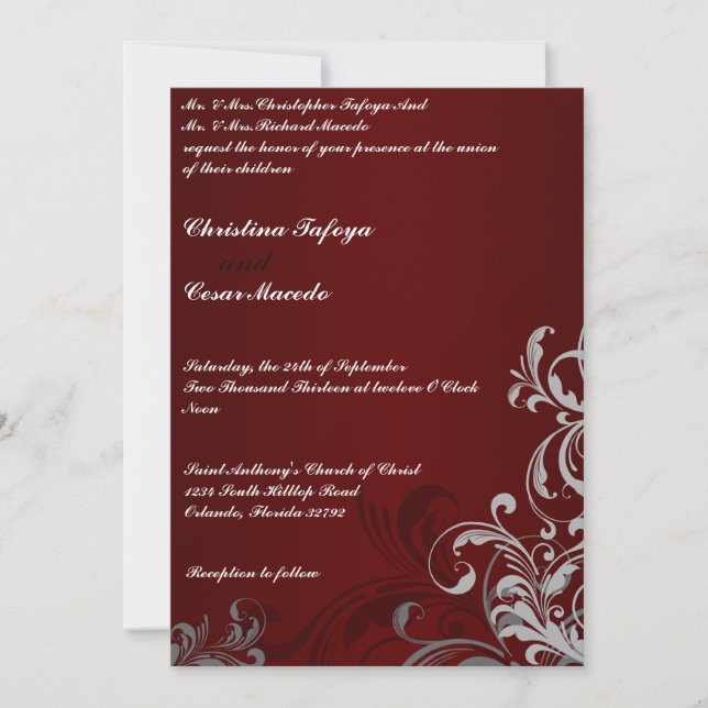 5x7 Wedding Invitation Dark Maroon Grey Swirls (Front)