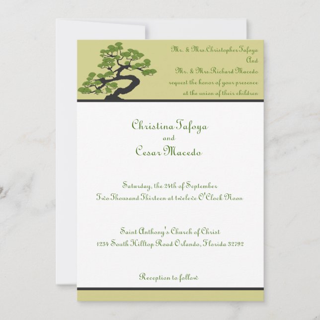 5x7 Wedding Invitation Japanese Green Bonsai Tree (Front)