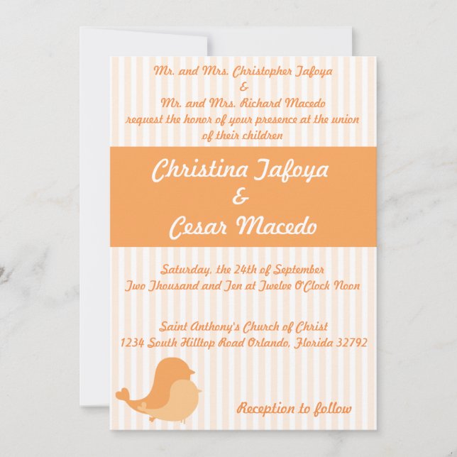 5x7 Wedding Invitation Love Birds Peach Stripes (Front)