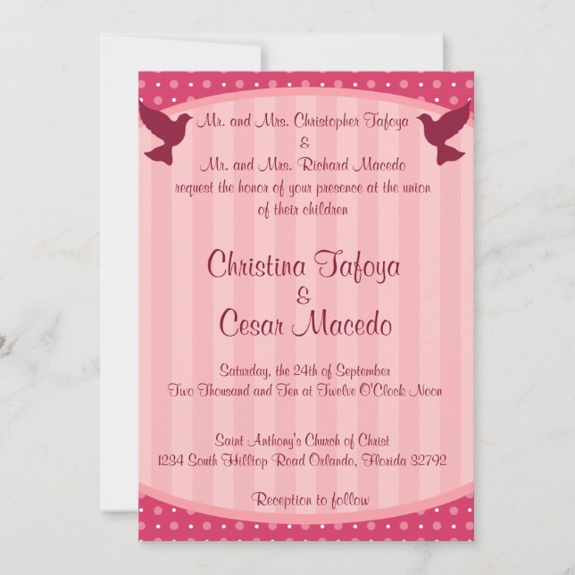 5x7 Wedding Invitation Love Birds Pink Stripes/Dot (Front)