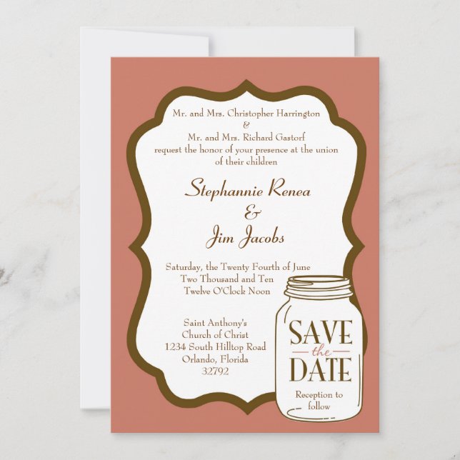 5x7 Wedding Invitation Pink/Brown Mason Jars (Front)