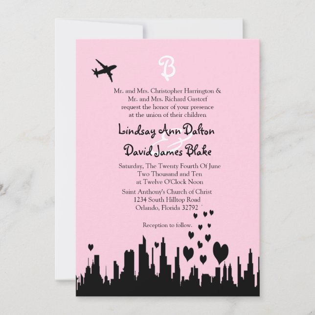 5x7 Wedding Invitation Pink City Line (Front)
