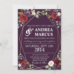 5x7 Wedding Invitation Plum Purple Roses Gold Geom