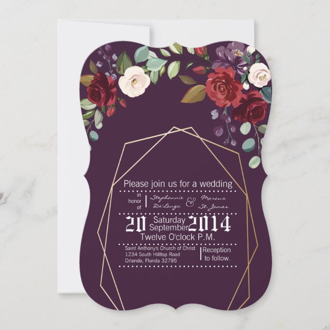 5x7 Wedding Invitation Plum Purple Roses Gold Geom (Front)