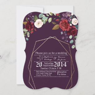 5x7 Wedding Invitation Plum Purple Roses Gold Geom