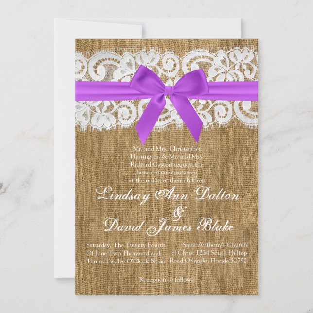 5x7 Wedding Invitation Purple Burlap Lace (Front)