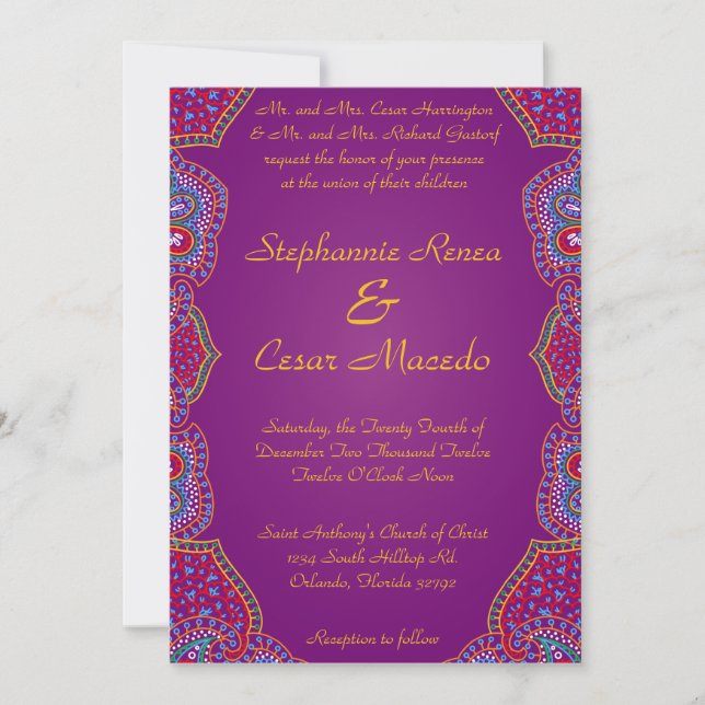 5x7 Wedding Invitation Purple Palace India Indian (Front)