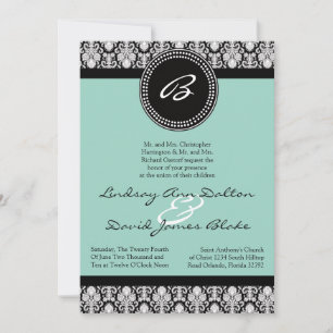 5x7 Wedding Invitation Teal & Black Damask