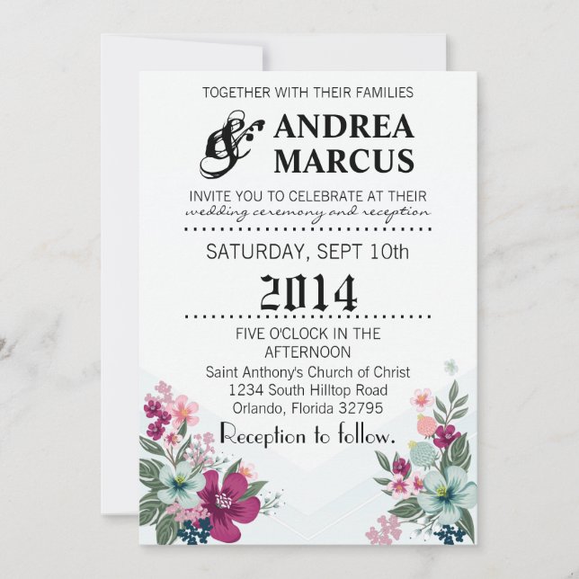 5x7 Wedding Invitation Tropical Flowers on Blue Om (Front)