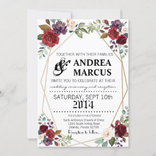5x7 Wedding Invitation White Roses Gold Geometric