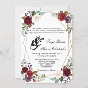 5x7 Wedding Invitation White Roses Gold Geometric