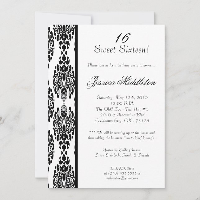 5x7 White Damask Birthday Party Invitation (Front)