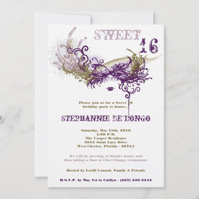 5x7 White Masquerade Sweet 16 Birthday Invitation (Front)