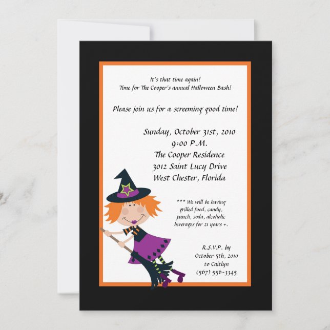 5x7 Witch on Broom Halloween Bash Party Invitation (Front)