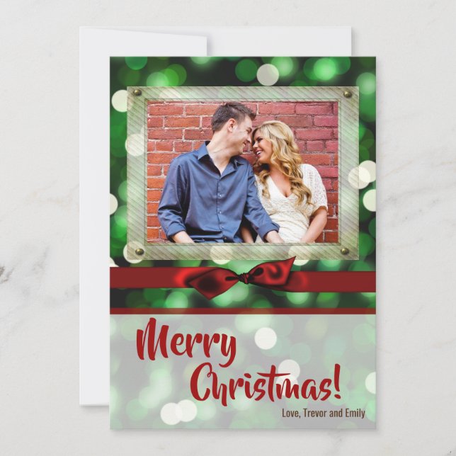5x7 XMAS Christmas Green Bokeh Lights PHOTO Card (Front)