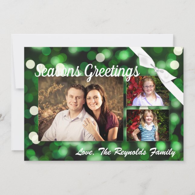 5x7 XMAS Christmas Green Bokeh Lights PHOTO Card (Front)