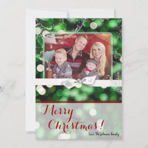 5x7 XMAS Christmas Green Bokeh Lights PHOTO Card