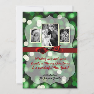 5x7 XMAS Christmas Green Bokeh Lights PHOTO Card