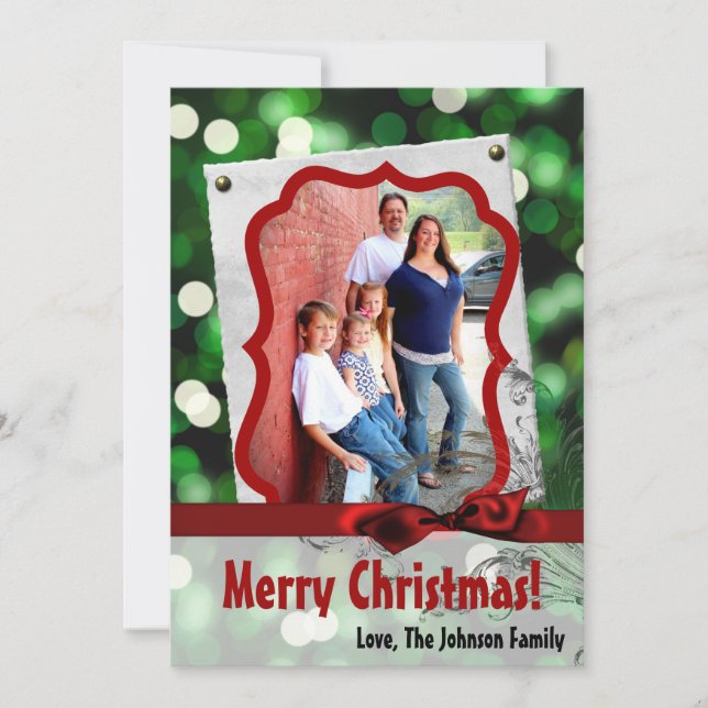 5x7 XMAS Christmas Green Bokeh Lights PHOTO Card (Front)