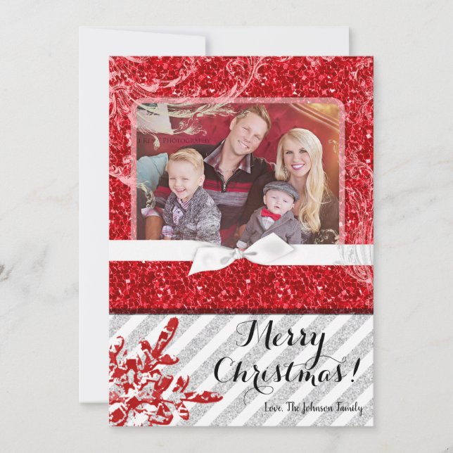 5x7 XMAS Christmas Red Glitter Snowflak PHOTO Card (Front)