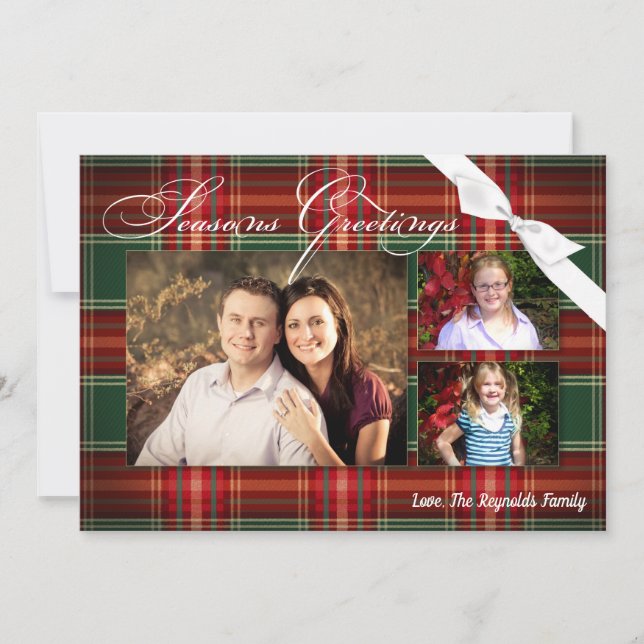 5x7 XMAS Christmas Red Plaid Fabric PHOTO Card (Front)