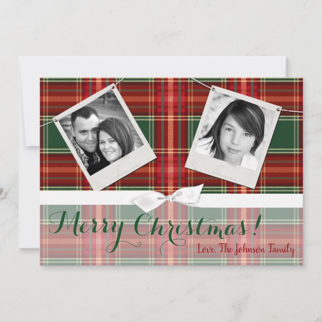 5x7 XMAS Christmas Red Plaid Fabric PHOTO Card (Front)