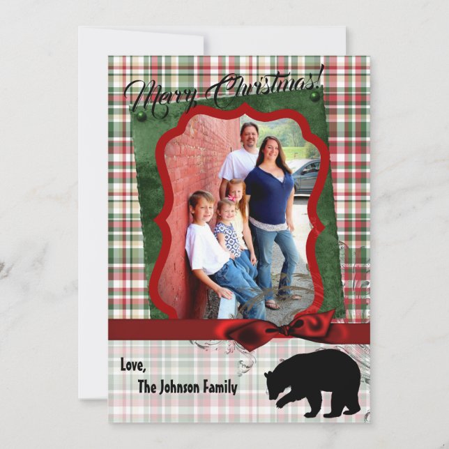 5x7 XMAS Red Christmas Plaid Bear Fabri PHOTO Card (Front)
