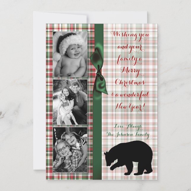 5x7 XMAS Red Christmas Plaid Bear Fabri PHOTO Card (Front)