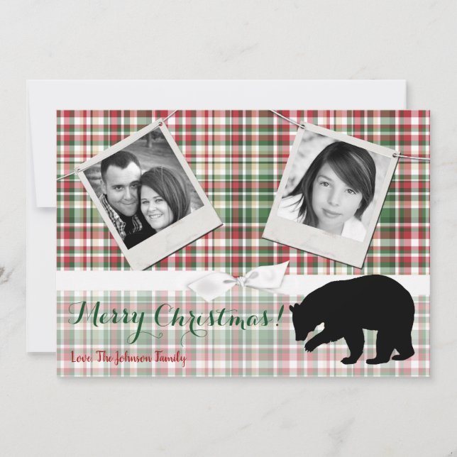 5x7 XMAS Red Christmas Plaid Bear Fabri PHOTO Card (Front)