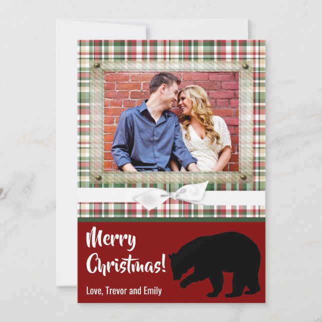 5x7 XMAS Red Christmas Plaid Bear Fabri PHOTO Card (Front)