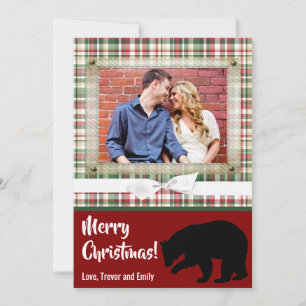 5x7 XMAS Red Christmas Plaid Bear Fabri PHOTO Card