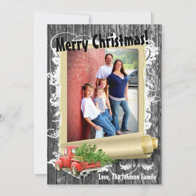 5x7 XMAS Red Christmas Truck Tree Wood PHOTO Card (Front)