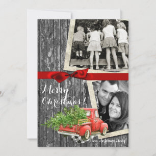 5x7 XMAS Red Christmas Truck Tree Wood PHOTO Card