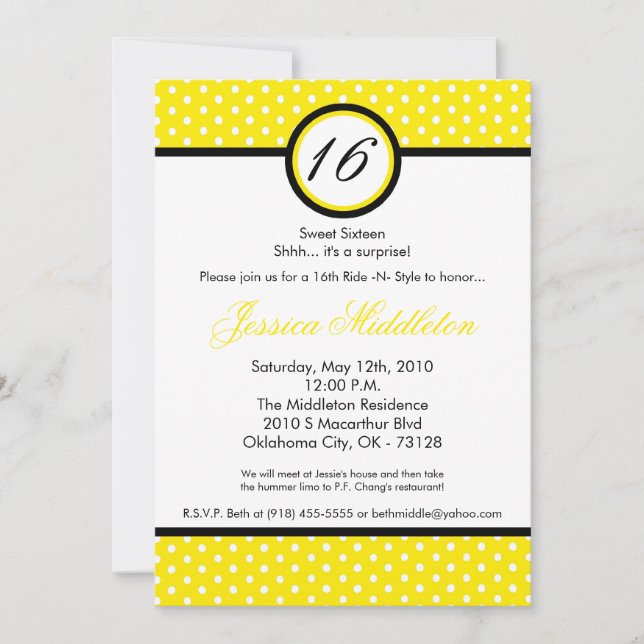 5x7 Yello White Polka Dot 16th Birthday Invitation (Front)
