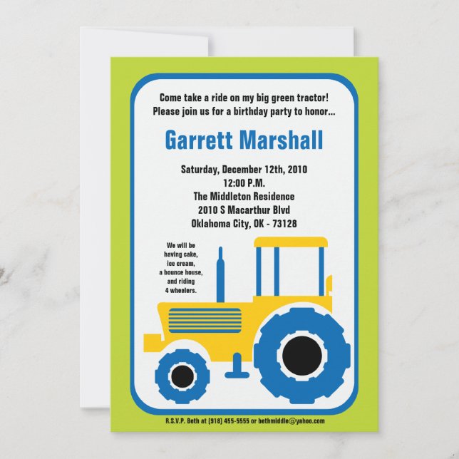5x7 Yellow Blue Farm Tractor Birthday Invitation (Front)