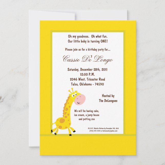 5x7 Yellow Giraffe Birthday Party Invite (Front)