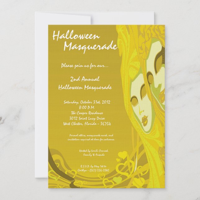 5x7 Yellow Masquerade Halloween Costume Invitation (Front)