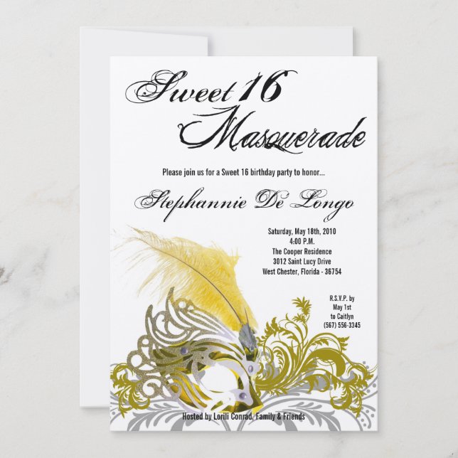 5x7 Yellow Masquerade Sweet 16 Birthday Invitation (Front)