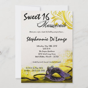 5x7 Yellow Masquerade Sweet 16 Birthday Invitation