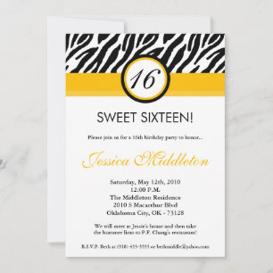 5x7 Yellow Zebra Print 16th Birthday Invitation
