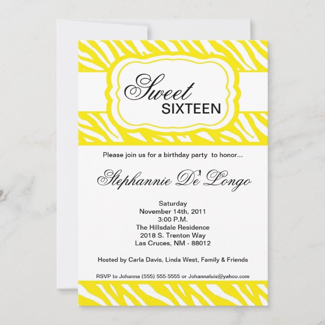 5x7 Yellow Zebra Print Birthday Party Invitation (Front)