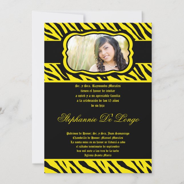 5x7 Yellow Zebra Print Quinceanera Invitation (Front)