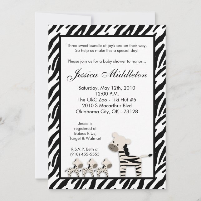 5x7 Zebra Momma TRIPLET Baby Shower Invitation (Front)