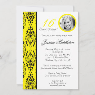 5x7Dark Yellow Damask 16 Birthday Party Invitation