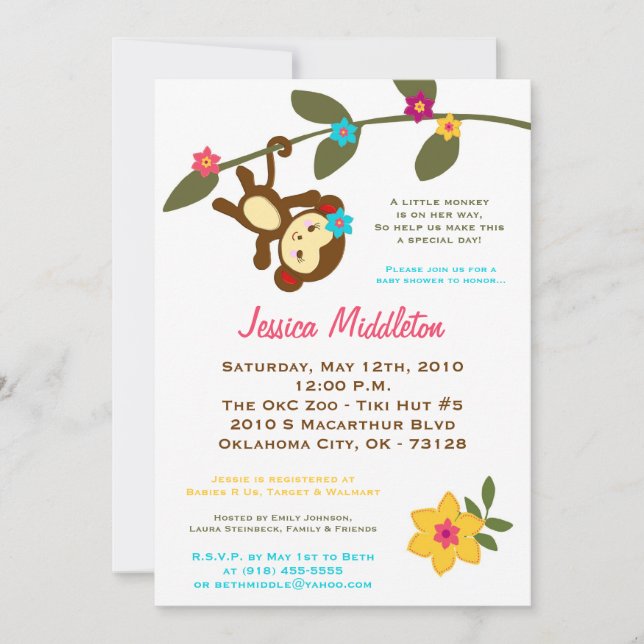5x7Jungle Gym Monkey Dance Baby Shower Invitation (Front)
