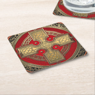 [600] Ancient Celtic Sacred Gold Knot Cross Square Paper Coaster