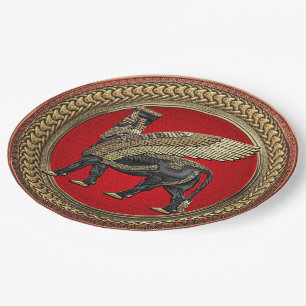 [600] Assyrian Winged Bull: Gold and Black Lamassu Paper Plate