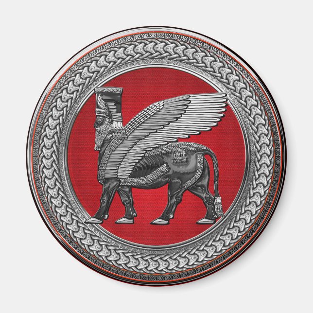 [600] Assyrian Winged Bull: Silver & Black Lamassu Magnet (Front)