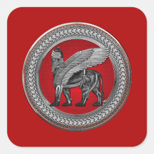 [600] Assyrian Winged Lion: Silver & Black Lamassu Square Sticker