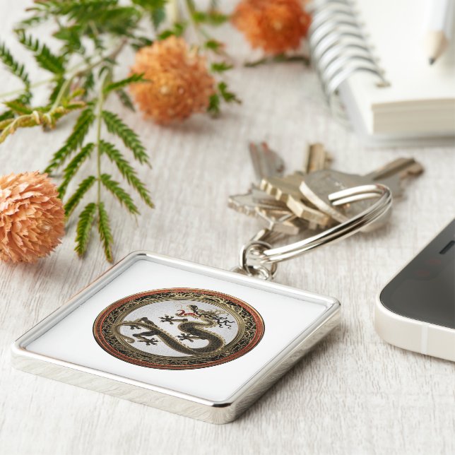 [600] Black and Gold Sacred Eastern Dragon Key Ring (Side)